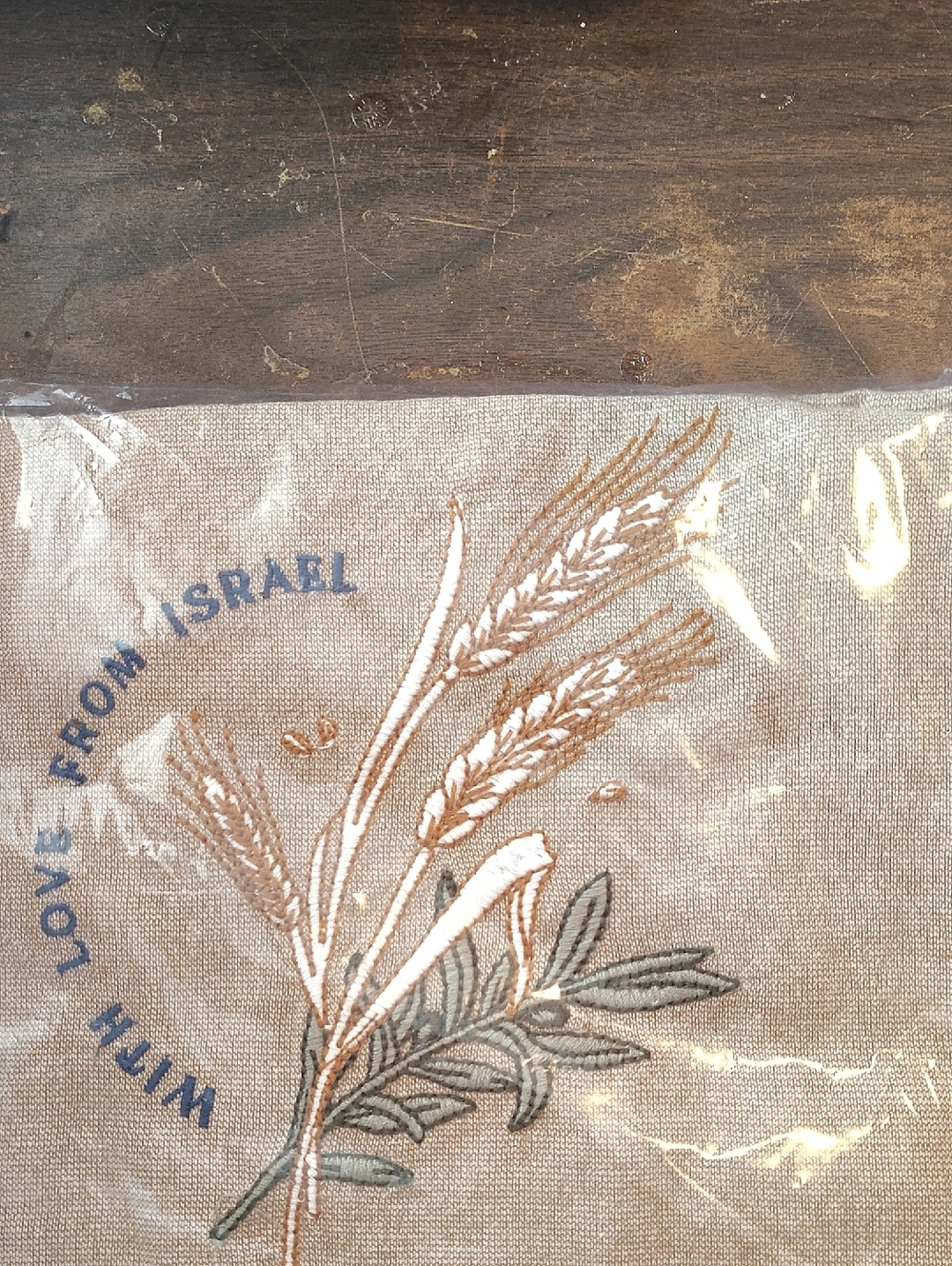 Embroidered ( Isreal) Wheat Branch Linen Apron Pouch - Neutral Tones